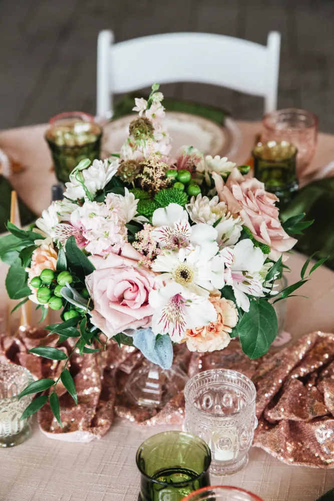 closeup of floral arrangement on table