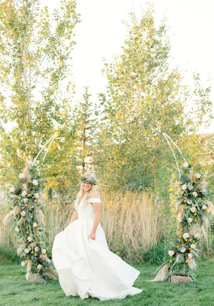 floral arrangement with bride